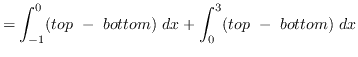 $ = \displaystyle{ \int_{-1}^{0} (top \ - \ bottom) \ dx +
\int_{0}^{3} (top \ - \ bottom) \ dx }$